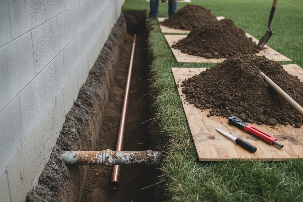 Excavated water line trench during Water Softener Installation in Jemison